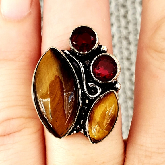 New Beautiful Tiger Eye & Garnet 925 Silver Ring. - Picture 6 of 8